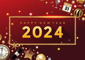 glücklich Neu Jahr 2024 elegant Luxus Gruß Karte, Banner, oder Poster Design Vorlage mit rot Weihnachten Ornament Ball und Gold Konfetti. Vektor Illustration