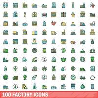 100 fabrik ikoner uppsättning, Färg linje stil vektor