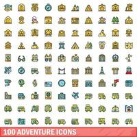 100 äventyr ikoner uppsättning, Färg linje stil vektor