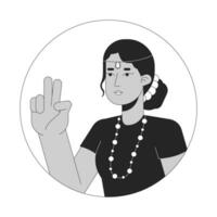 fred tecken flicka med indisk huvud Smycken svart och vit 2d vektor avatar illustration. söder indisk kvinna två fingrar upp översikt tecknad serie karaktär ansikte isolerat. selfie tar platt användare profil bild
