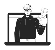 Phishing Cyberkriminalität bw Konzept Vektor Stelle Illustration. Cyber Attacke auf persönlich Daten und Identität 2d Karikatur eben Linie monochromatisch Charakter zum Netz ui Design. editierbar isoliert Gliederung Held Bild