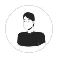 leende koreanska man i tillfällig kläder svart och vit 2d vektor avatar illustration. avslappnad Framställ översikt tecknad serie karaktär ansikte isolerat. glad asiatisk manlig städa propert utrusta platt användare profil bild