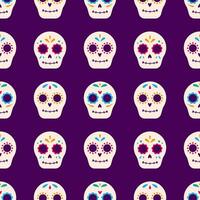 Vektor dia de Muertos nahtlos Muster. Mexikaner traditionell Zucker Schädel auf lila Hintergrund. das Tag von das tot Feier. Verpackung Design.