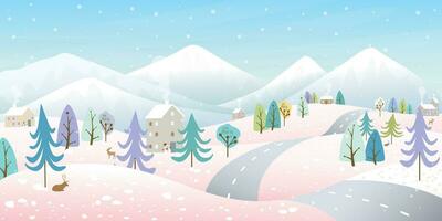 vinter- landskap ha lokal- väg tråg små stad vektor illustration. glad jul och Lycklig ny år hälsning kort mall.