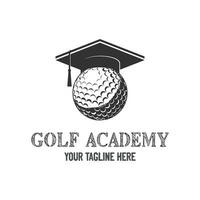 Jahrgang Absolvent Toga Hut mit Golf Ball zum Sport Kurs Bildung Schule Akademie Verein Logo Design vektor