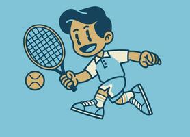 froh Junge spielen Tennis Karikatur vektor