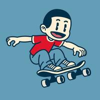Lycklig pojke spelar skateboard tecknad serie årgång vektor