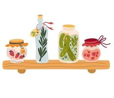 Regal mit Marmelade und verschiedenen Gläsern. Kompott Gurken Marmelade Olivenöl vektor