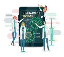 Ärzte zeigen Coronavirus-Struktur auf einem Smartphone vektor