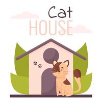 söt illustration av en katt, hus med växter och bokstäver vektor