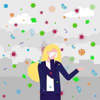die Frau in Maske, Bakterien und Viren fliegen vektor