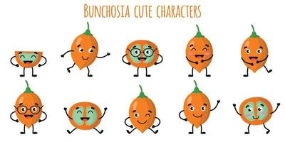 Bunchosia-Frucht süße lustige Charaktere mit verschiedenen Emotionen vektor