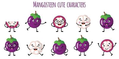 mangostan frukt söta roliga karaktärer med olika känslor vektor