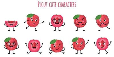 Pluotfrucht süße lustige Charaktere mit verschiedenen Emotionen vektor