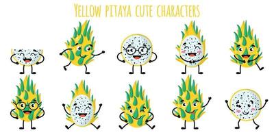gelbe Pitaya-Frucht süße lustige Charaktere mit verschiedenen Emotionen vektor