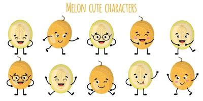 Melonenfrucht süße lustige Charaktere mit verschiedenen Emotionen vektor