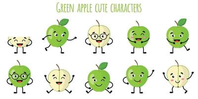 grüne Apfelfrucht süße lustige Charaktere mit verschiedenen Emotionen vektor