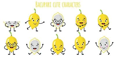 Bacupari-Frucht süße lustige Charaktere mit verschiedenen Emotionen vektor