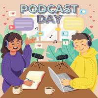 Frau und Mann nehmen Podcast im Studio auf vektor