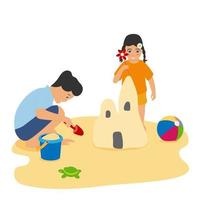 glückliche kinder bauen zusammen sandburgen vektor