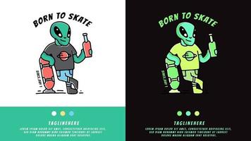 Alien mit Skateboard und Bier halten. Illustration für T-Shirt vektor