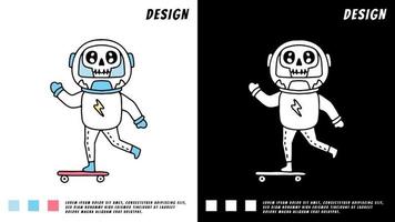 Schädel-Astronaut, der Skateboard spielt, Illustration für T-Shirt vektor