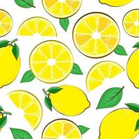 sömlöst mönster citron. skivor av citrus och blad på vit bakgrund vektor