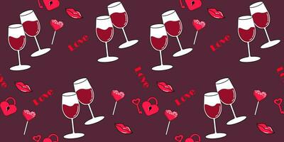 mode sömlös mönster par glas vin, godis och hjärtan för textil. mode modern kopia klistra textil, grafik, papper Produkter, de webb. trendig för valentines dag vektor