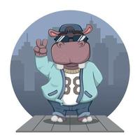 niedliches Cartoon-Hip-Hop-Nilpferd mit Stadthintergrund vektor