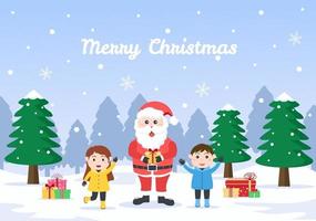 god jul, söt tecknad jultomtebakgrund och vänner vektor