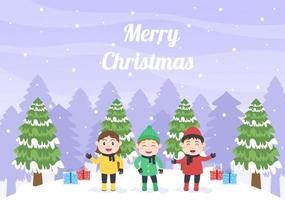 god jul, söt tecknad jultomtebakgrund och vänner vektor