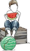 en pojke sitter på en trä- låda äter en vattenmelon vektor