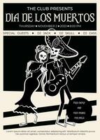Tag von das tot Party Verein Poster. traditionell Tag von das tot Symbole - - Skelett männlich und weiblich Zeichen gekleidet im Volk Mexikaner Kostüme, Mann spielen Gitarre, Frau mit Ventilator Singen. vektor