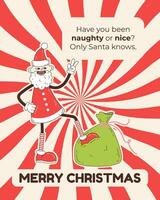 groovig Weihnachten Gruß Karte mit Santa claus und Gruß Text. komisch retro Karikatur Weihnachten Charakter im groovig 60er-70er Jahrgang Stil. vektor