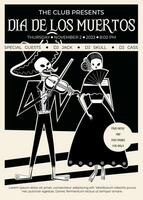 Tag von das tot Party Verein Poster. traditionell Tag von das tot Symbole - - Skelett männlich und weiblich Zeichen gekleidet im Volk Mexikaner Kostüme, Mann spielen Geige, Frau mit Fan. vektor