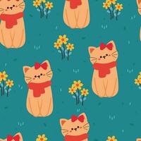 sömlös mönster tecknad serie katt bär röd scarf, blomma och löv. söt djur- tapet illustration för gåva slå in papper vektor