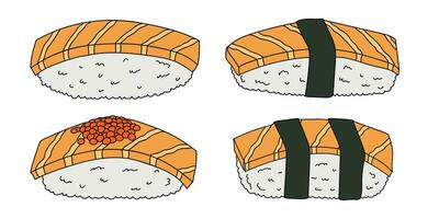 handgezeichnetes Sushi-Clipart-Set. Gerichte der traditionellen japanischen Küche. asiatisches Essen vektor