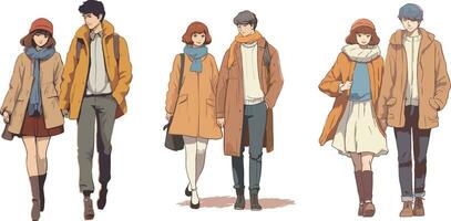 modern ung människor i vinter- kläder. vektor illustration av män och kvinnor i värma Kläder.