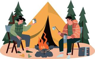 Camping Vektor Illustration. Menschen Sitzung in der Nähe von Lagerfeuer und Trinken heiß Tee.