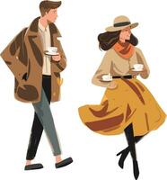 Vektor Illustration von ein Paar im Liebe Trinken Kaffee im Herbst Kleidung.