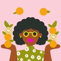 afro amerikansk kvinna med frukt och blommor för tryck och kort vektor
