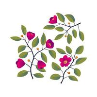 Blumen- Design, Geäst mit Blätter und hell Magenta Blumen auf Weiß. Vektor Illustration, Design zum Poster, Gruß Karte, Postkarte, Einladung, Buch, Mode Stoff, Verpackung