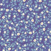 Blumen- Hintergrund - - nahtlos Muster, Geäst mit blaugrün Blätter und Licht Sahne Blumen auf lila. Vektor Illustration, Design zum Hintergrund, Textil, Stoff, Verpackung.
