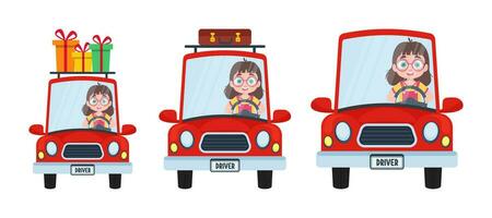 uppsättning av illustrationer med en söt flicka. flicka körning en röd bil. de barn innehar de styrning hjul i hans händer. vektor