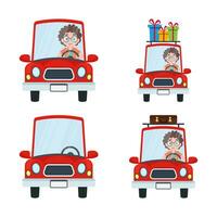 uppsättning av illustrationer av en pojke körning en bil vektor