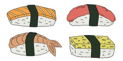 hand dragen sushi ClipArt uppsättning. japansk traditionell kök maträtter. asiatisk mat vektor