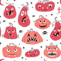 nahtlos Rosa Kürbisse zum Halloween. Rosa Kürbis mit Lächeln zum Ihre Design zum das Urlaub Halloween. ein einstellen von Aufkleber. süß und unheimlich Gesichter. Vektor eben Illustration.