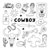 groß wild Westen und Cowboy einstellen im Gekritzel Stil mit Hand gezeichnet Umriss. Vektor Illustration mit Western Stiefel, Hut, Schlange, Kaktus, Stier Schädel, Sheriff Abzeichen Stern. Cowboy Thema mit Symbole von Texas.