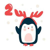 Weihnachten Advent Kalender mit Hand gezeichnet Element Pinguin. Tag zwei 2. skandinavisch Stil Poster. süß Winter Illustration zum Karte, Poster, Kind Zimmer Dekor, Kindergarten Kunst vektor