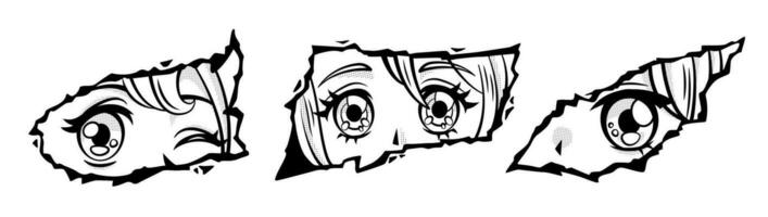 einstellen von Manga Mädchen suchen von zerrissen Papier, isoliert auf Weiß Hintergrund. vektor